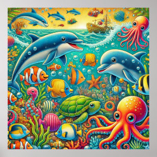 Colourful Underwater Scene Featuring Marine Life Poster