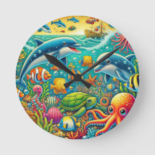 Colourful Underwater Scene Featuring Marine Life Round Clock