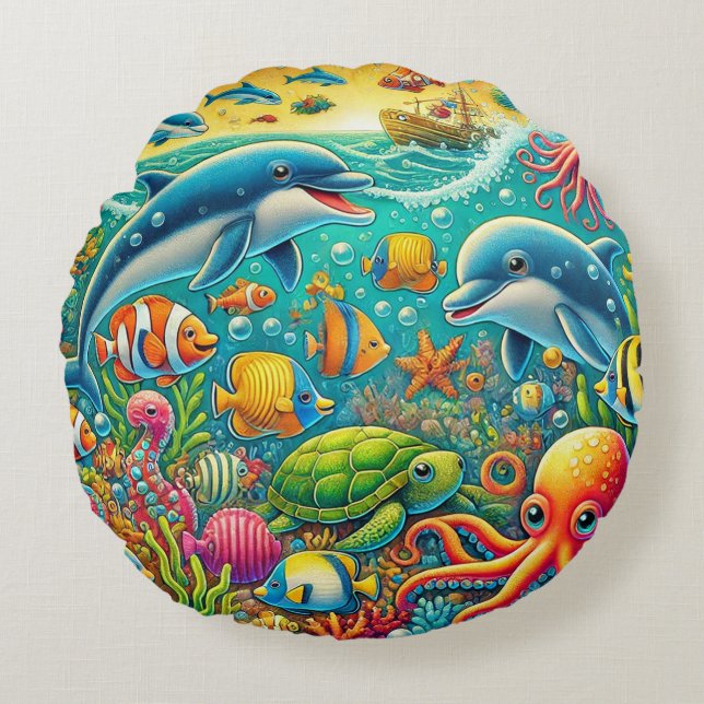 Colourful Underwater Scene Featuring Marine Life Round Cushion (Front)