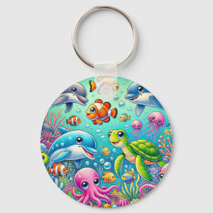 Colourful Underwater Scene Featuring Playful Sea Key Ring