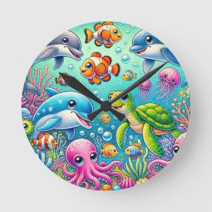Colourful Underwater Scene Featuring Playful Sea Round Clock