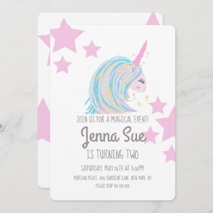 Colourful Unicorn and Pink Stars Birthday Party Invitation