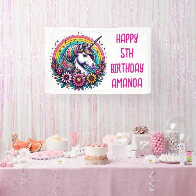 Colourful Unicorn and Rainbow Personalised Birthda Banner (Party)