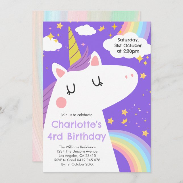 Colourful Unicorn and Rainbows Birthday Party  Invitation (Front/Back)