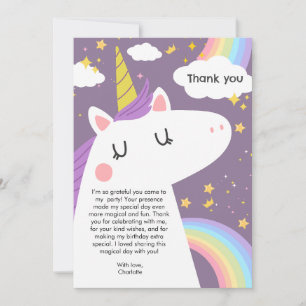 Colourful Unicorn and Rainbows Birthday Party Thank You Card
