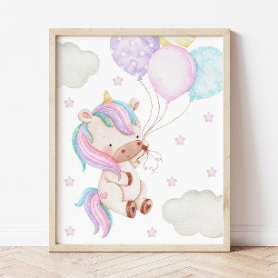 Colourful Unicorn, Balloons, Stars, Girl Nursery Photo Print