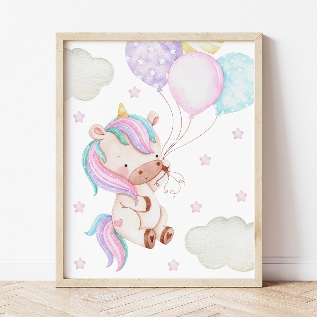 Colourful Unicorn, Balloons, Stars, Girl Nursery Poster (Creator Uploaded)