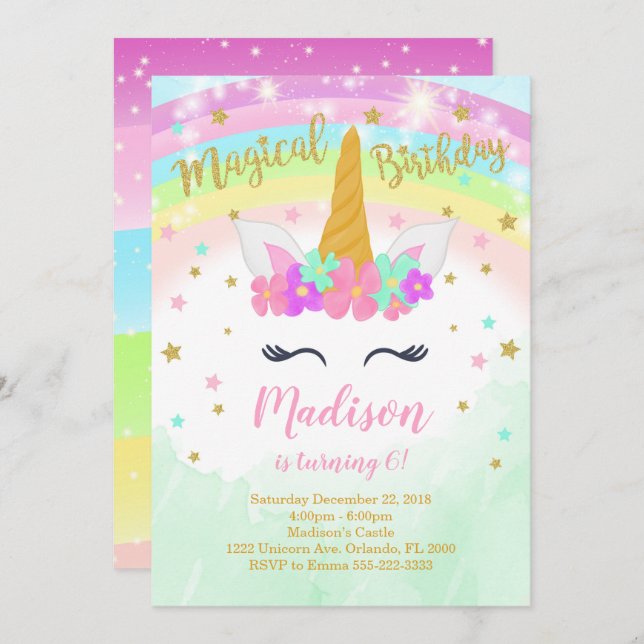 Colourful Unicorn Birthday Invitation (Front/Back)