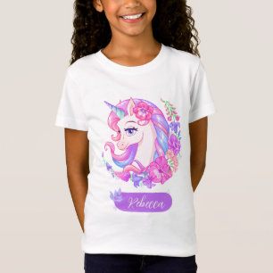 Colourful Unicorn & Flowers Personalised Girls' te T-Shirt