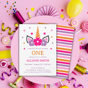 Colourful Unicorn Girls Birthday Invitation