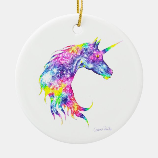 Colourful unicorn head ceramic tree decoration (Front)