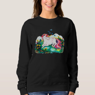 Colourful unicorn lying on a flower filled area sweatshirt