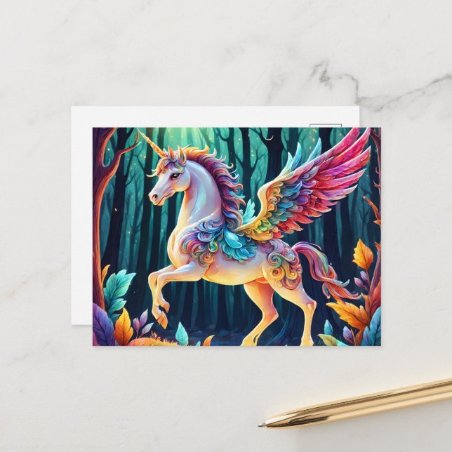 Colourful Unicorn Pegasus Postcard (Front/Back In Situ)