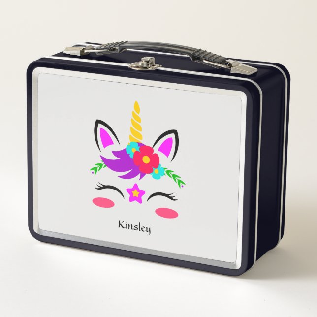 Colourful Unicorn Personalised Black Metal Lunch Box (Front)