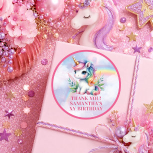 Colourful Unicorn Pink Purple Girl Birthday Sticke Classic Round Sticker