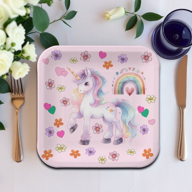 Colourful Unicorn Rainbow Flowers Birthday Party Paper Plate (Creator Uploaded)