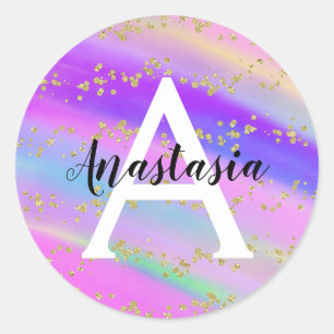 Colourful Unicorn Rainbow Gold Glitter Monogram Classic Round Sticker
