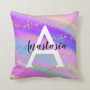 Colourful Unicorn Rainbow Gold Glitter Monogram Cushion
