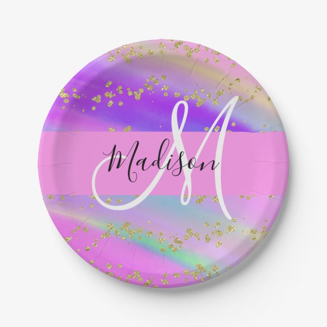 Colourful Unicorn Rainbow Gold Glitter Monogram Paper Plate (Front)
