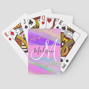 Colourful Unicorn Rainbow Gold Glitter Monogram Playing Cards