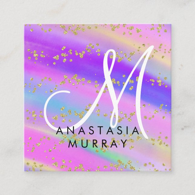 Colourful Unicorn Rainbow Gold Glitter Monogram Square Business Card (Front)