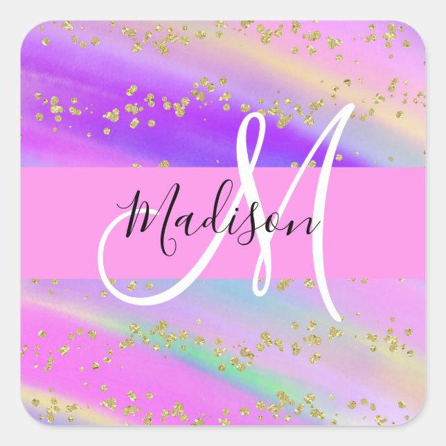 Colourful Unicorn Rainbow Gold Glitter Monogram Square Sticker (Front)