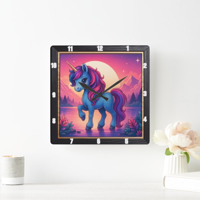 Colourful Unicorn Sunset Fantasy Square Wall Clock (Home)