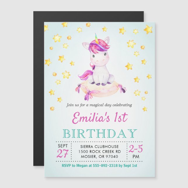 Colourful Unicorn Themed Girl Kids Birthday Party Magnetic Invitation (Front/Back)