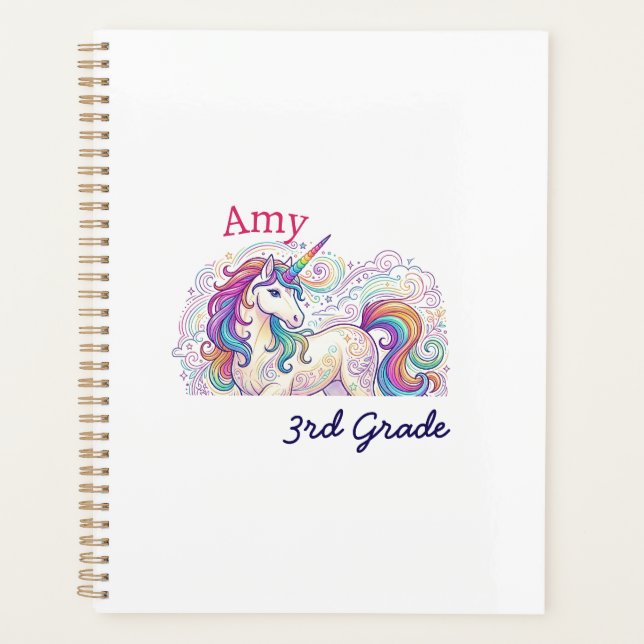 colourful unicorn third grade back to school name planner (Front)