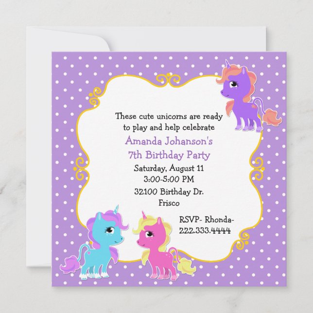 Colourful Unicorns Birthday Party Invitation (Front)