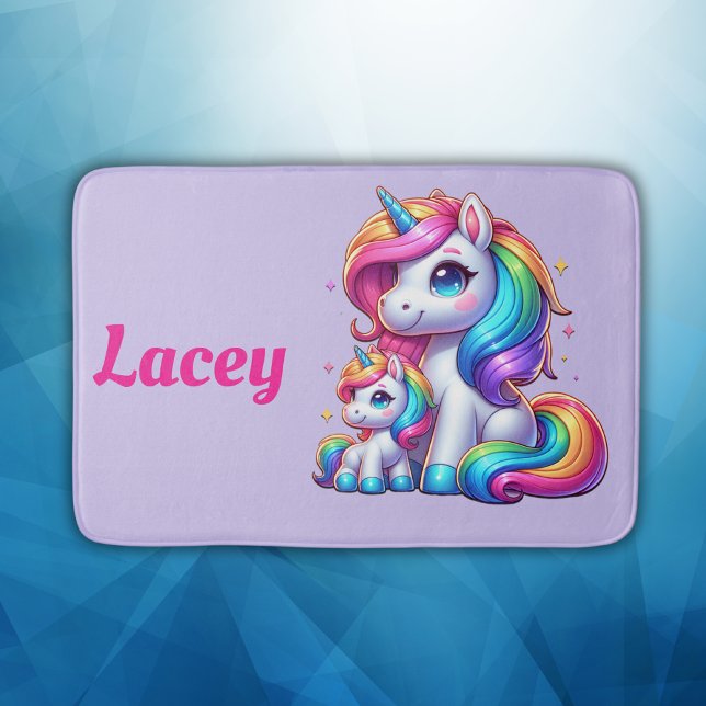 Colourful Unicorns, Monogrammed with Name | Bath Mat (Creator Uploaded)