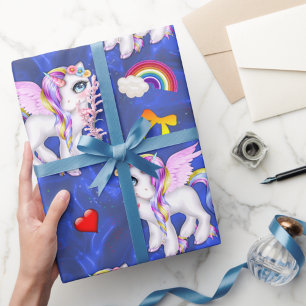 Colourful Unicorns on Blue Silk  Wrapping Paper