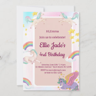 Colourful Unicorns Rainbow Pink Birthday Invitatio Invitation