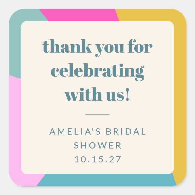 Colourful Unique Custom Bridal Shower Thank You Square Sticker (Front)