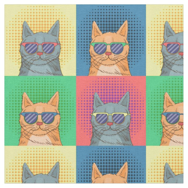 Colourful Unique Retro Artist Inspired Cat Fabric (Close Up)