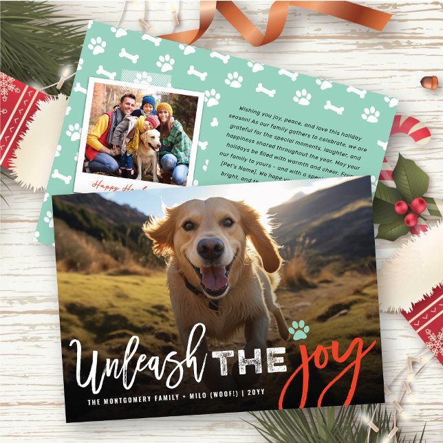 Colourful Unleash The Joy Cute Dog Lover Photo Pet Holiday Card (Creator Uploaded)