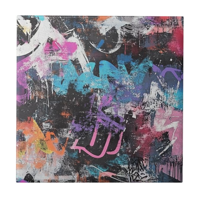 Colourful Urban Graffiti Abstract Purple Blue Blac Tile (Front)
