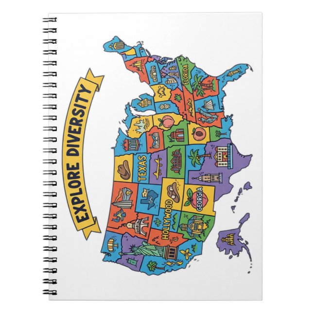 Colourful USA Map for Travelers – Explore Diversit Notebook (Front)