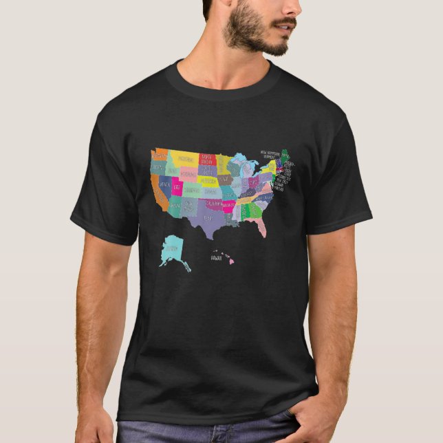 Colourful USA Map With Name Of States, US Tee (Front)