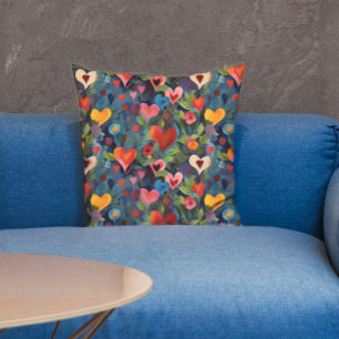Colourful Valentines Day Love Hearts Pattern Paint Cushion