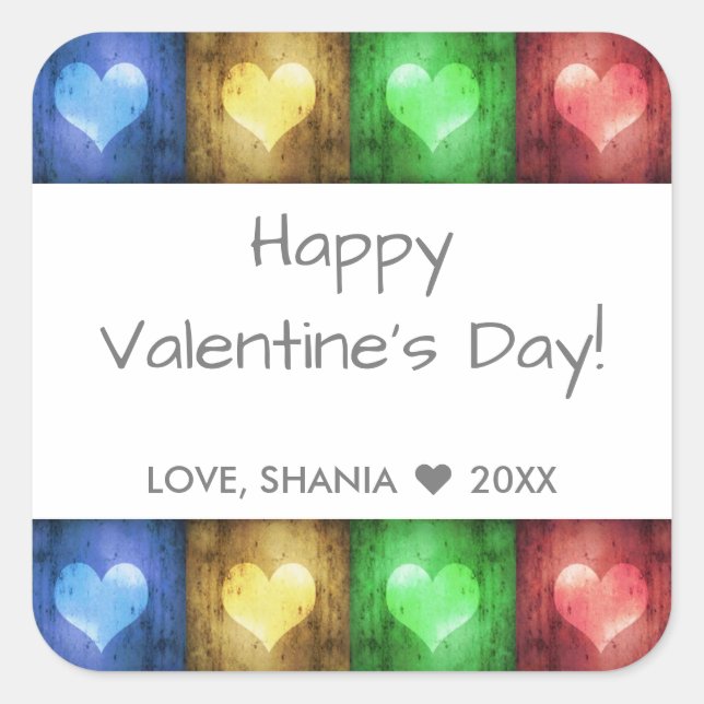 Colourful Valentine's Day Rustic Hearts Square Sticker (Front)