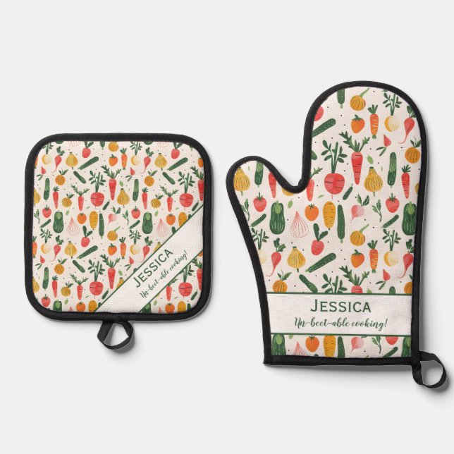 Colourful Vegetable Illustration Funny Oven Mitt & Pot Holder Set (Front)