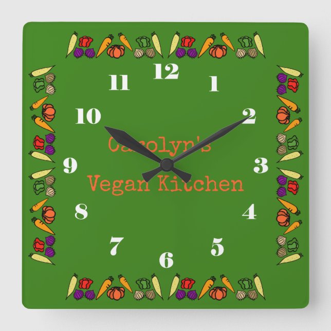 Colourful vegetables, vegan kitchen, your name square wall clock (Front)