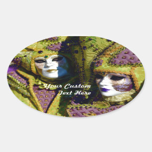 Colourful Venetian Couple With Carnival Masks Oval Sticker