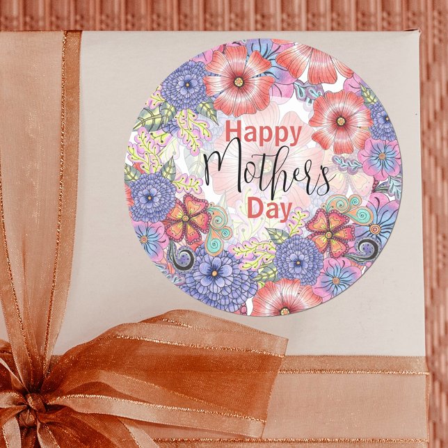 Colourful Vibrant Flowers and Leaves Mother's Day Classic Round Sticker (Creator Uploaded)