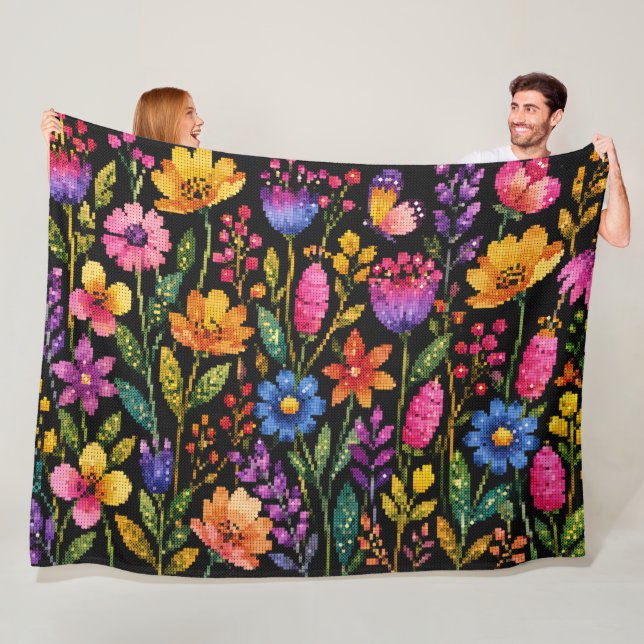 Colourful Vibrant Flowers on a Black Background Fleece Blanket (In Situ)
