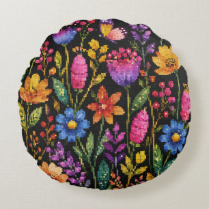 Colourful Vibrant Flowers on a Black Background Round Cushion