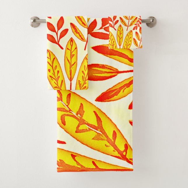 Colourful Vibrant Foliage Mosaic Leaves Pattern Bath Towel Set (Insitu)