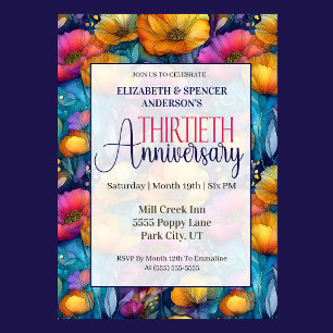 Colourful Vibrant Poppy 30th Wedding Anniversary Invitation