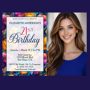 Colourful Vibrant Poppy Flower 21st Photo Birthday Invitation